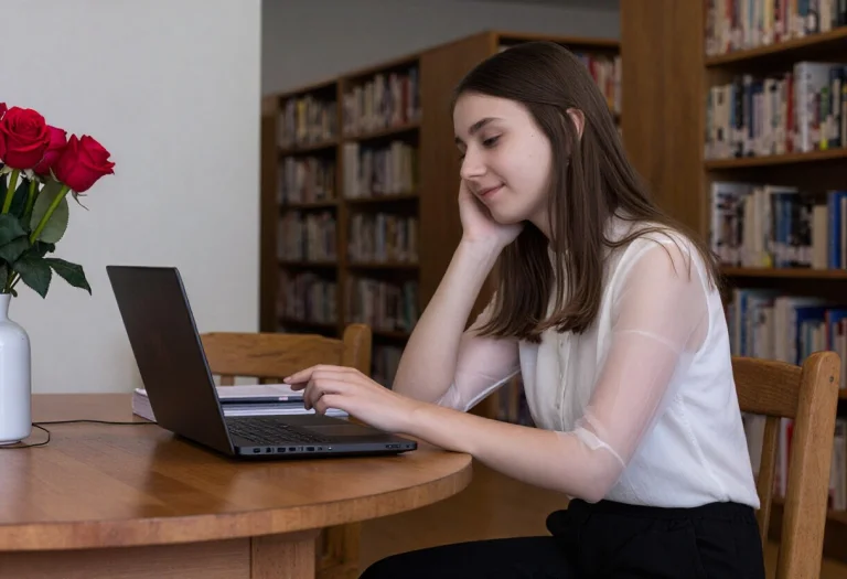 A Woman Rlyadeline Is Sitting At A Wooden Desk In A Library,...