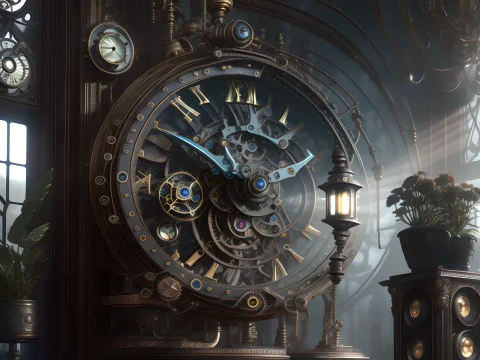 Midjourney Style, Dreamlike, Steampunk Room Interior, Vintag... — Stable Diffusion AI Prompt: Midjourney style, Dreamlike, steampunk (room interior)+, vintage watch parts, sp...