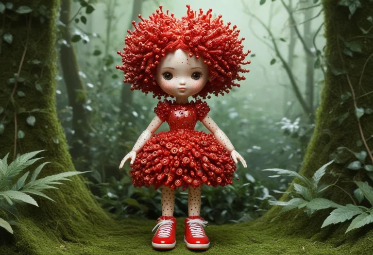 A Whimsical Doll Whose Hair, Dress, And Foliage Are Meticulo...