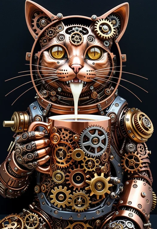 Gearstyle, A Cat Astronaut Drinking Coffee, Intricate Interl...