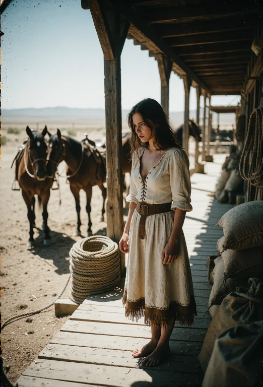 A Wide, Dusty Establishing Shot Of A Frontier Trading Post A...
