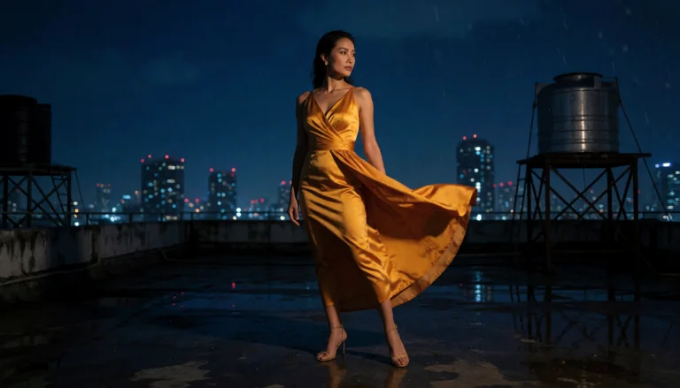 Adult Thai Woman In A Saffron Silk Evening Dress On A Rain-d...
