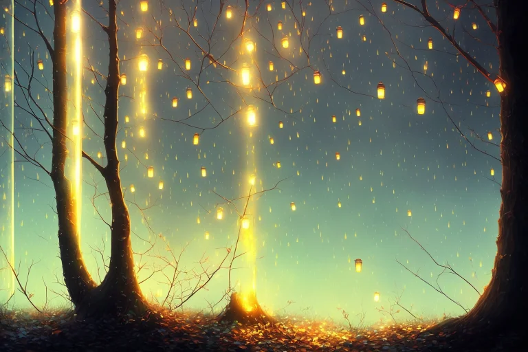 Spirits Among Branches Fireflies Lanterns And Rain By Kuvshi...