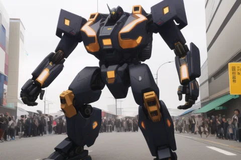 Crowd Running From A Real Life Mech Suit Mecha In Japan Stre... — Stable Diffusion AI Prompt: [crowd running from a real life mech suit mecha in japan streets, proper proport...
