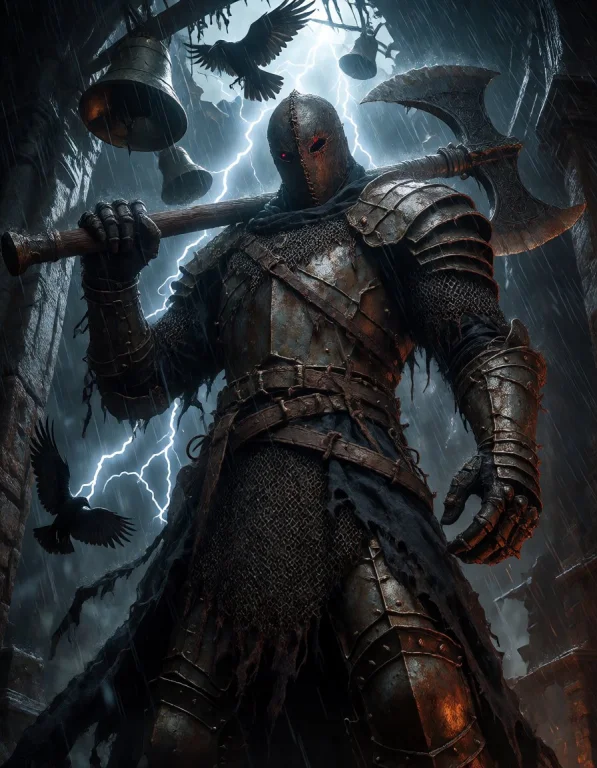 A Colossal Masked Executioner Standing Inside An Abandoned B...
