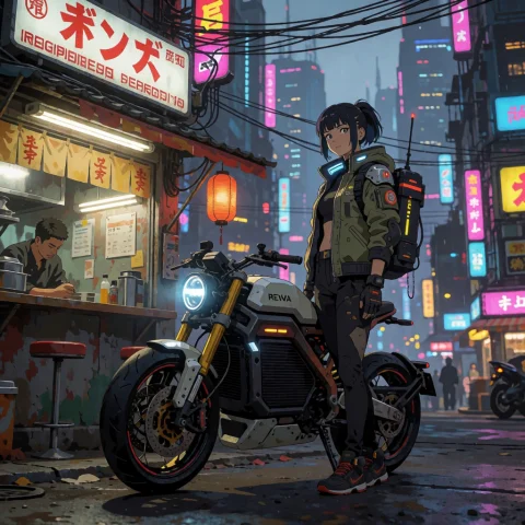 Neon-decay, Anime Style, A Female Adult Motorcycle Courier W... — Stable Diffusion AI Prompt: neon-decay, anime style, a female adult motorcycle courier wearing a futuristic...