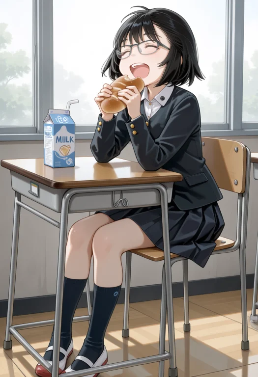 Okfbookumoaya, 1girl,black Hair, Solo, Glasses, Closed Eyes,...