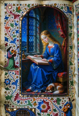 Illuminated Manuscript Page Of An Anime Character, Painted O... — Stable Diffusion AI Prompt: Illuminated manuscript page of an anime character, painted on aged vellum, raise...