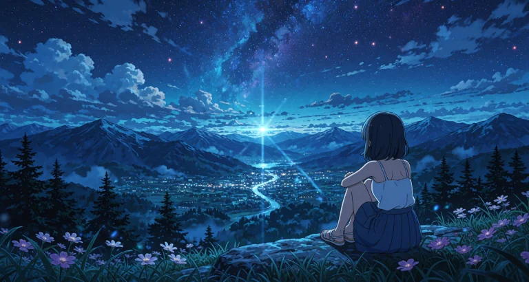 Anime Summer Night Epic Comfy Mountain Scenery With Sitting...
