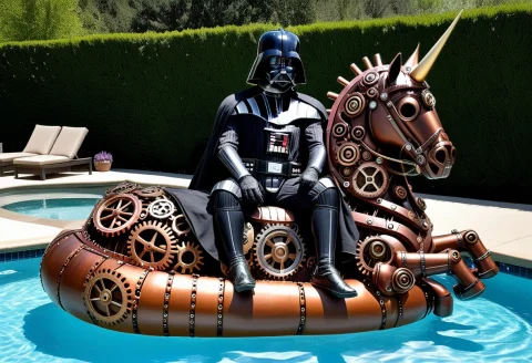 Darth Vader In Steampunk Armor, Sitting On A Unicorn Pool Fl... — SDXL AI Prompt: darth vader in steampunk armor, sitting on a unicorn pool float made of gears in...