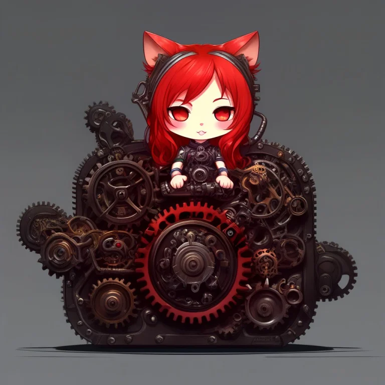 A Chibi Anime Red Hair Cat Girl Lay On A Gear Box
