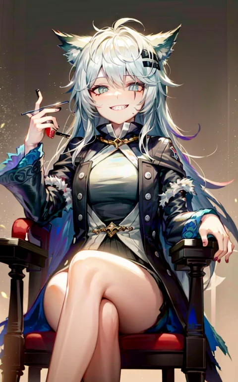 Rhorrormare,lappland Arknights,1girl,cowboyshot, Grin,chair,...
