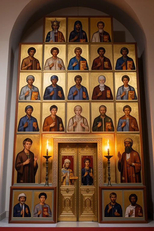 An Iconostasis Wall With Perfectly Symmetrical Tiers Of Icon...