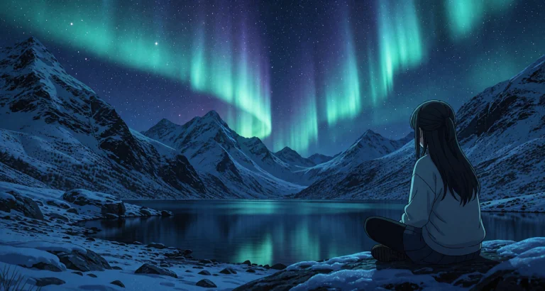 Anime Night Epic Comfy Mountain Scenery With Polar Light Wit...