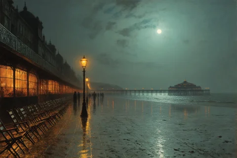 In The Manner Of Grimshaws Moonlit Visions, Seaside Promenad... — Stable Diffusion AI Prompt: In the manner of Grimshaw's moonlit visions, seaside promenade at summer dusk wi...