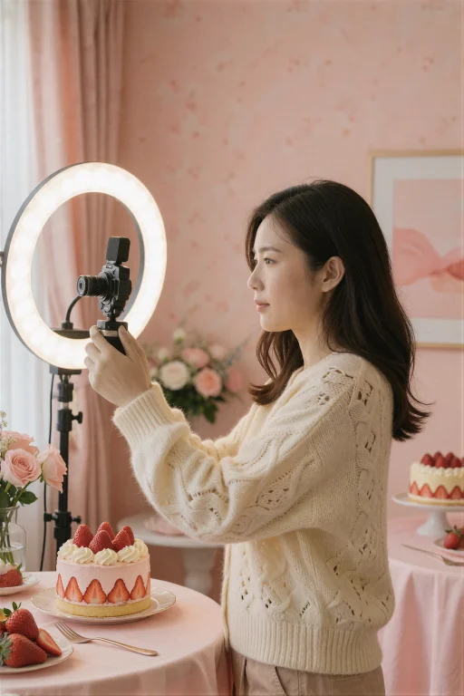 A Woman Films A Grwm Video Surrounded By Pastel Dessert-them...