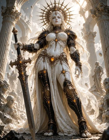 Full Body Divine Warrior Queen Standing In The Middle Of A S... — Stable Diffusion AI Prompt: full body divine warrior queen standing in the middle of a shattered celestial b...