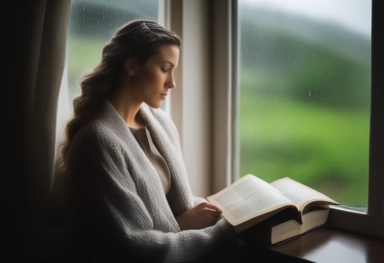 A Woman Reading On A Rainy Window Seat, Portrait Photography...