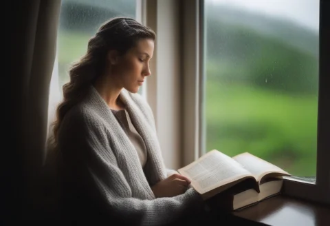 A Woman Reading On A Rainy Window Seat, Portrait Photography... — SDXL AI Prompt: a woman reading on a rainy window seat, portrait photography, spotlight, tilt-sh...