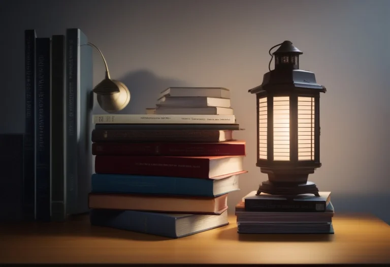 A Stack Of Hardback Books Beside A Reading Lamp, 3d Render,...