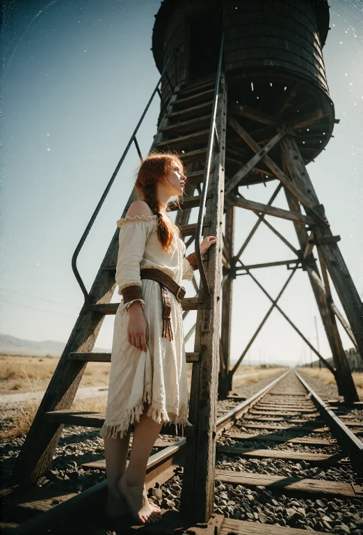 A Low, Wide Shot At A Sun-blasted Railway Water Tower Standi...