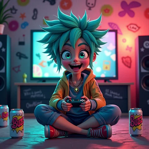 A Vibrant Cinematic Illustration Of A Funny Adult Cartoon Gi... — FLUX AI Prompt: A vibrant cinematic illustration of a funny adult cartoon girl sitting cross-leg...