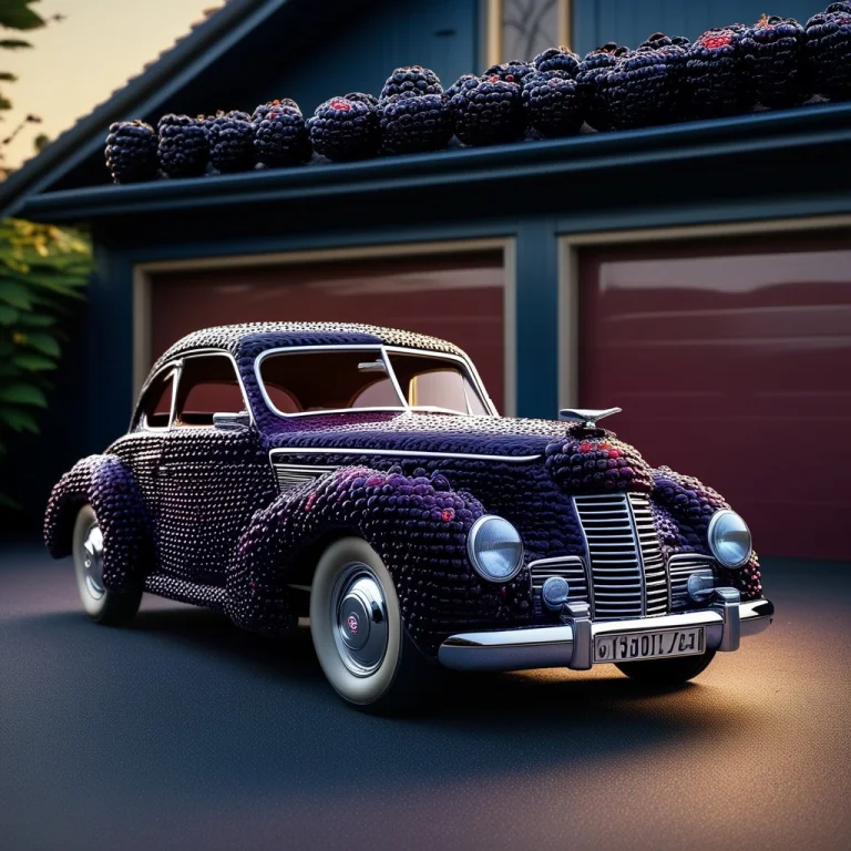 A Classic Car, In Front Of A Garage, At Golden Hour. Glossy...