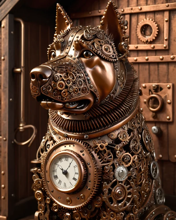 A Clockwork Guard Dog Made Of Brass Gears, Grumpy Face, Spik...