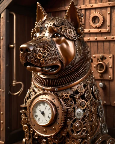 A Clockwork Guard Dog Made Of Brass Gears, Grumpy Face, Spik... — SDXL AI Prompt: a clockwork guard dog made of brass gears, grumpy face, spiked collar, a pocket...