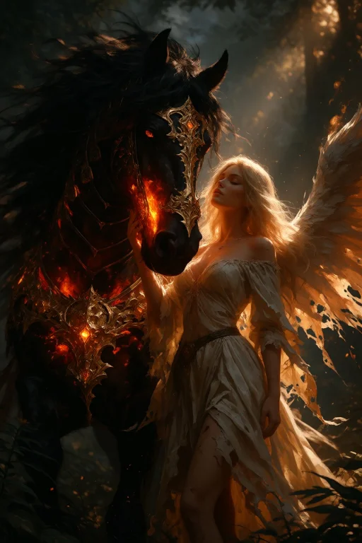 Dark Moody Atmosphere, A Powerful Black Horse With Fiery Gol...