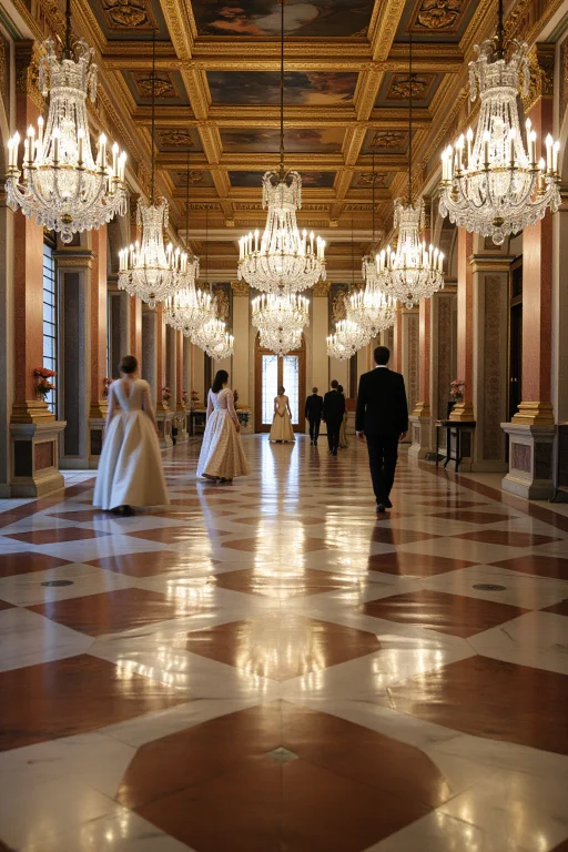 A Marble Palace Floor Reflecting Chandeliers And Walking Fig...