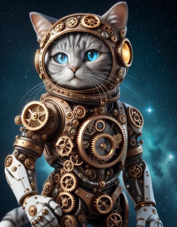 In Outer Space, An Astronaut Cat Made Outof Steampunk Gears,...