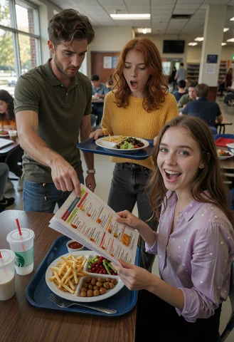 Graphic Ultra Realistic Comedy Scene, College Cafeteria, Cin... — Stable Diffusion AI Prompt: ### Graphic Ultra realistic comedy scene, college cafeteria, cinematic realism,...