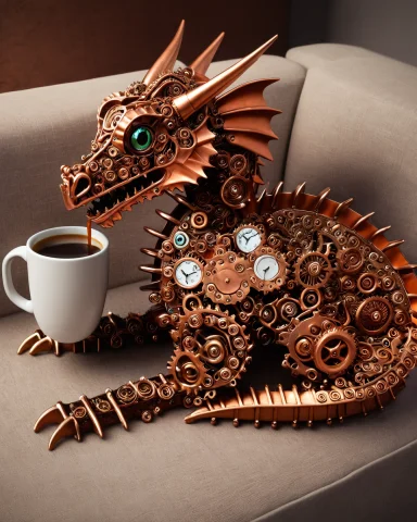 A Clockwork Dragon Made Of Copper Gears, Lounging On A Couch... — SDXL AI Prompt: a clockwork dragon made of copper gears, lounging on a couch sipping coffee from...