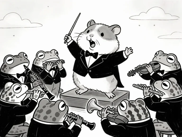 Hamster In Tuxedo Conducting Frog Orchestra Black And White...
