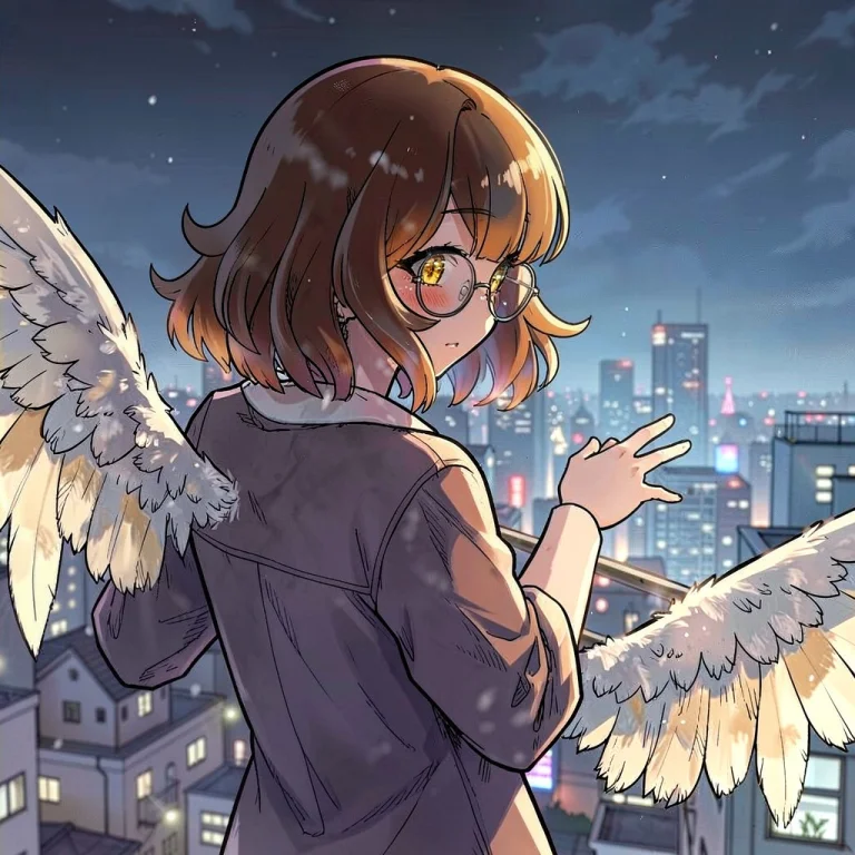 1girl, Solo, Bob Cut, Wavy Hair, Golden Eyes, Glasses, Angel...