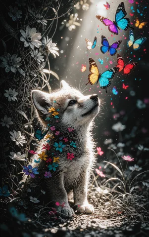 A Highly Detailed Black-and-white Ink Illustration Of A Smal... — Stable Diffusion AI Prompt: A highly detailed black-and-white ink illustration of a small adorable wolf cub...