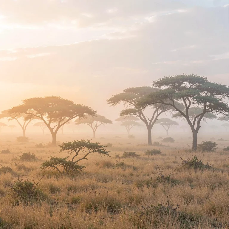 Vast Savanna Dotted With Acacia Trees, Foggy Diffused Light,...