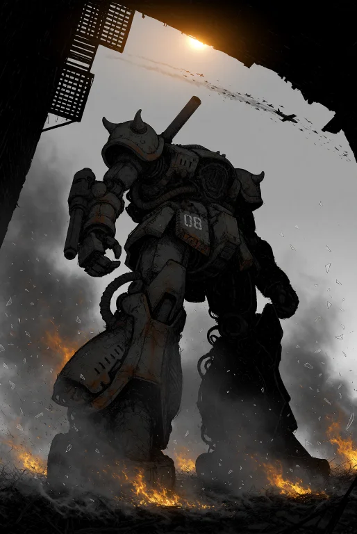 Xibalba. A Towering Tracked Mobile Suit Stands In A Burned-o...