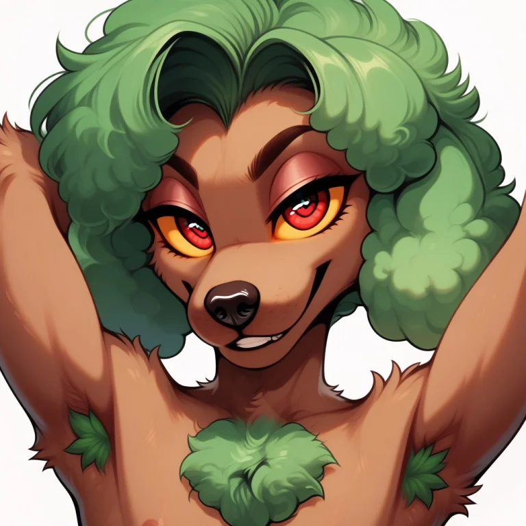 Flat-chested, Light Brown Fur, Fluffy Green Hair, Green Nave...