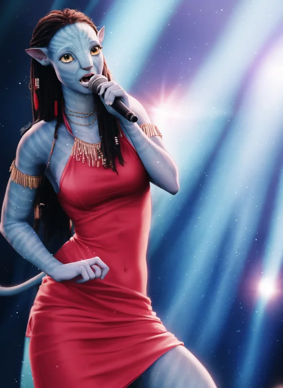Neytiriblueskinbabe, 1girl, Tail, Red Dress, Singer, Holding...
