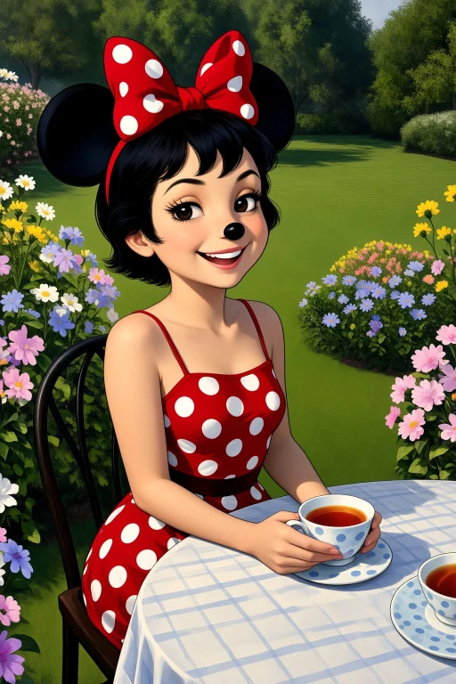 Minnie Mouse Posing At A Garden Tea Table In A Classic Red P...