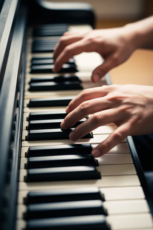 A Pianists Hands Striking A Chord, Fingers Arched, Keys Depr...