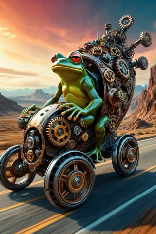 Frog Driving A Futuristic Vehicle, Surreal, Scenery, Landsca... — SDXL AI Prompt: frog driving a futuristic vehicle, surreal, scenery, landscape, movement, motion...