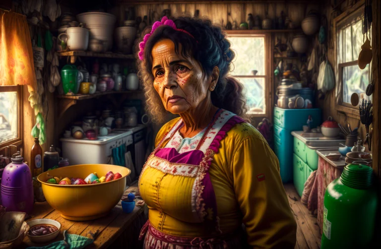 Wide Angle Brazilian Mother An Apron In Messy Cluttered Hous...