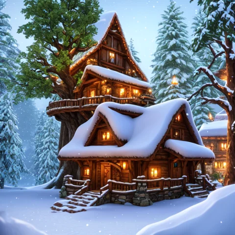 An Elven Village Build Inside Of A Gigantic Magical Tree Sta... — Stable Diffusion AI Prompt: An elven village build inside of a gigantic magical tree standing inside a snowy...