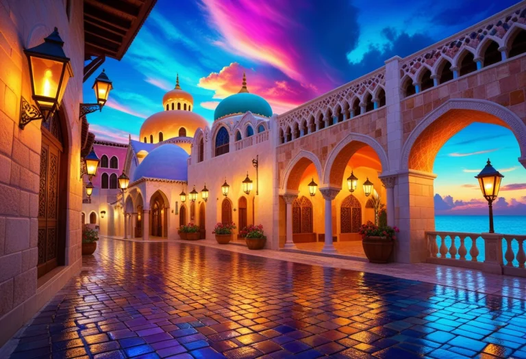 A Vibrant Fantasy Cloud City Street Scene From A Ground-leve...