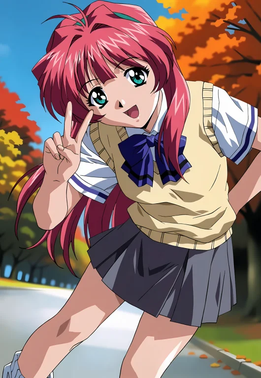 1girl, Standing, Leaning To The Side, Smile, V, D, Autumn Le...