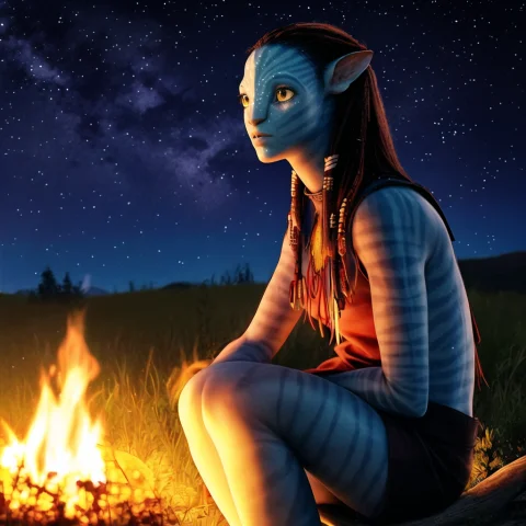 Neytiriblueskinbabe, 1girl, Neutral, Sitting Next To Campfir... — Stable Diffusion AI Prompt: (Neytiriblueskinbabe), 1girl, neutral, sitting next to campfire, stars, nighttim...