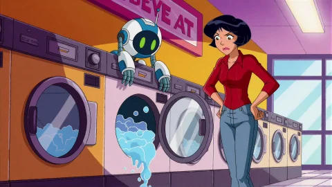 Tsstylev1k2, A Small Spherical Robot Accidentally Overfills... — Stable Diffusion AI Prompt: TSStyleV1K2, A small spherical robot accidentally overfills a washing machine wi...